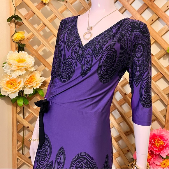 Charlie Brown V-Neck Midi 3/4 Sleeves Dress Midnight Blue Violet w Black Pattern - Picture 5 of 14
